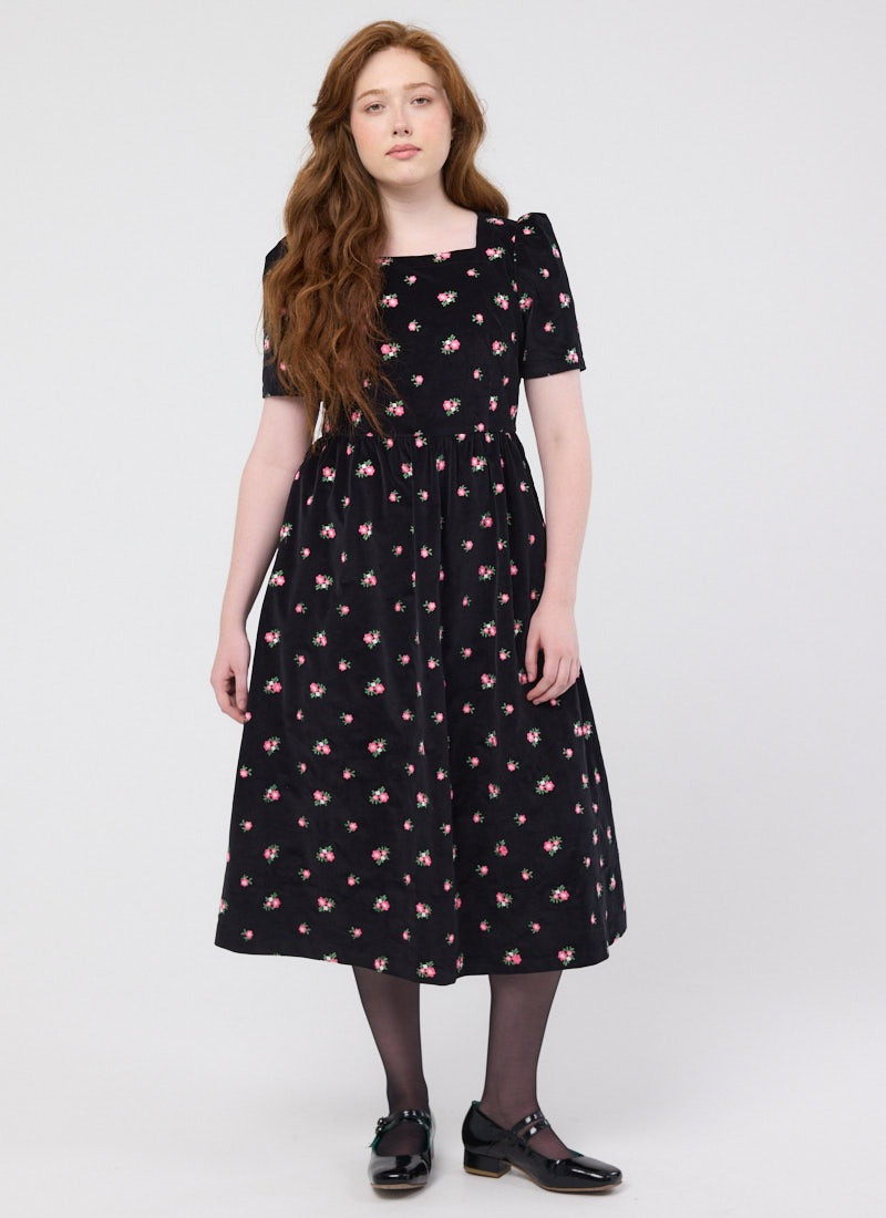 Aerona Floral Embroidered Corduroy Midi Dress | Joanie