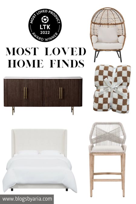 LTK most loved home finds. Egg chair, cozy blanket, counter stool, sideboard, upholstered bed 

#LTKhome #LTKFind