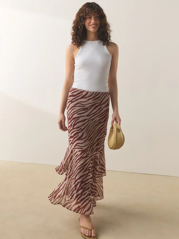 Brown Zebra Print Ruffle Midi Skirt | Next US