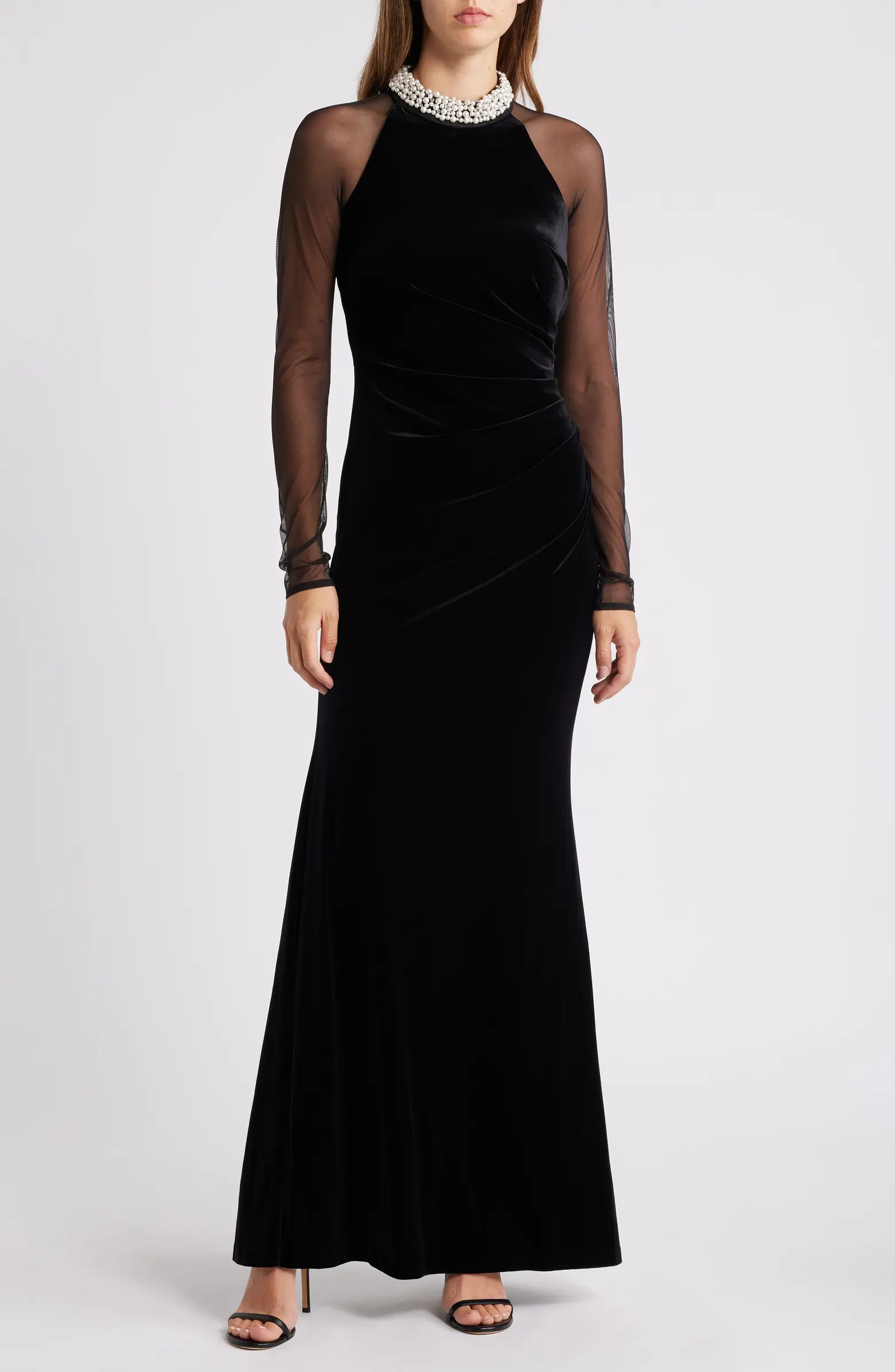 Embellished Ruched Long Sleeve Velvet Gown | Nordstrom