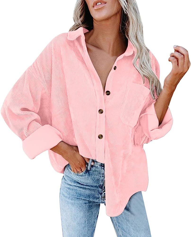 Womens Corduroy Button Down Shirt Oversized Blouses Tops Long Sleeve Casual Warm Jacket Loose Mat... | Amazon (US)