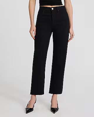 High Waisted Stay Black Raw Hem Straight Ankle Jeans | Express