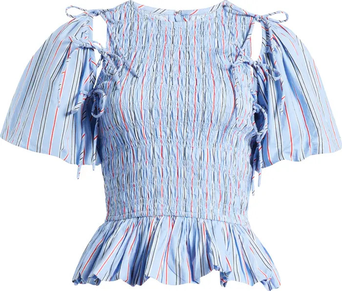 Becca Stripe Cutout Smocked Organic Cotton Peplum Top | Nordstrom