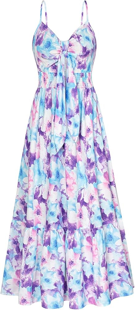 GRACE KARIN Women's 2024 Summer Beach Dress Floral V Neck Tie Front Spaghetti Strap Flowy Long Dr... | Amazon (US)