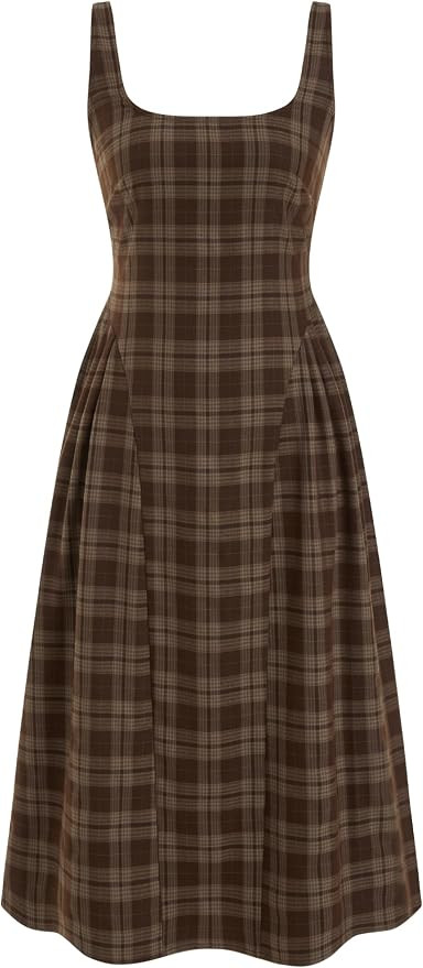 CIDER Plaid midi Dresses for Women Vintage A-Line Square Neck Sleeveless Casual Dress | Amazon (US)