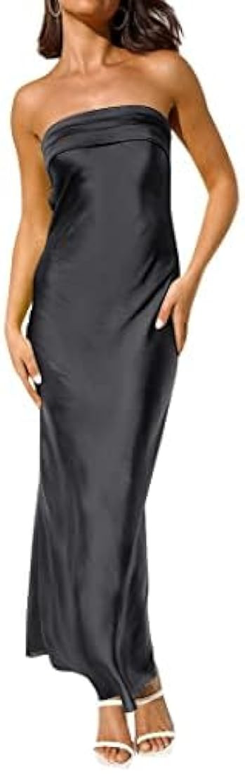ZESICA Women's 2023 Summer Satin Strapless Dress Sexy Backless Bodycon Wedding Cocktail Party Max... | Amazon (US)