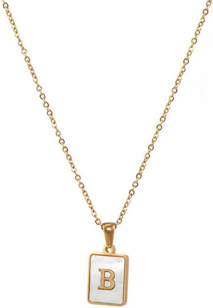 18K Gold Stainless Steel Letter A to Z Initial Necklace Natural White Mother of Pearl Pendant Nec... | Amazon (US)