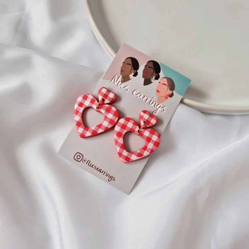 Gingham Heart Earrings - Etsy | Etsy (US)