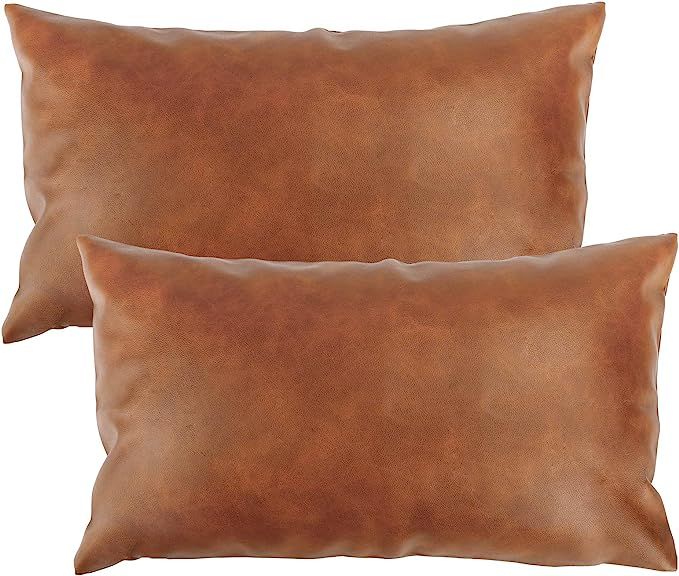 Fixwal Faux Leather Throw Pillow Covers, Set of 2 Brown Modern Couch Lumbar Cushion Covers for Co... | Amazon (US)