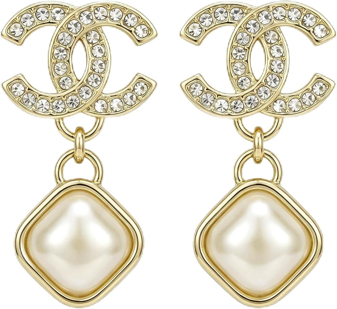 Designer Earrings for Women \u2013 Gold Frame with Pearl & Rhinestone Accents, Stylish Accessory ... | Amazon (US)