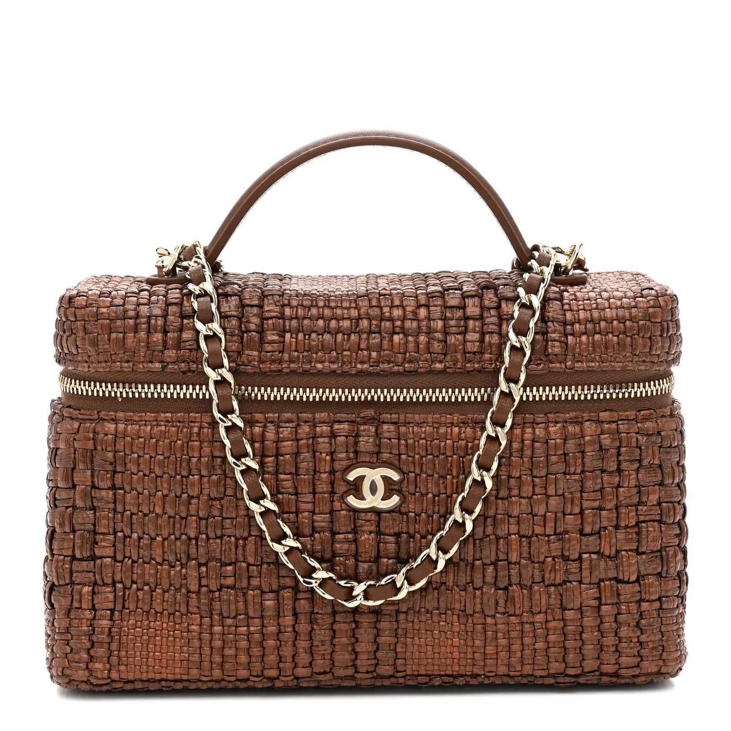 Braided Raffia Quilted Top Handle Slim Vanity With Chain Brown | FASHIONPHILE (US)