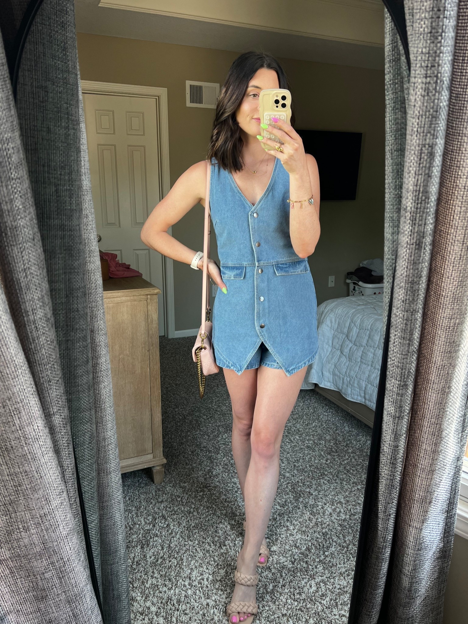 Denim romper for my small chested girlies. Shorts are built-in with a front zipper and buttons in the front. Does have a tighter fit and tends to fit smaller busts better. I’m wearing a Small  

#LTKStyleTip #LTKSummerEdit #LTKPetite