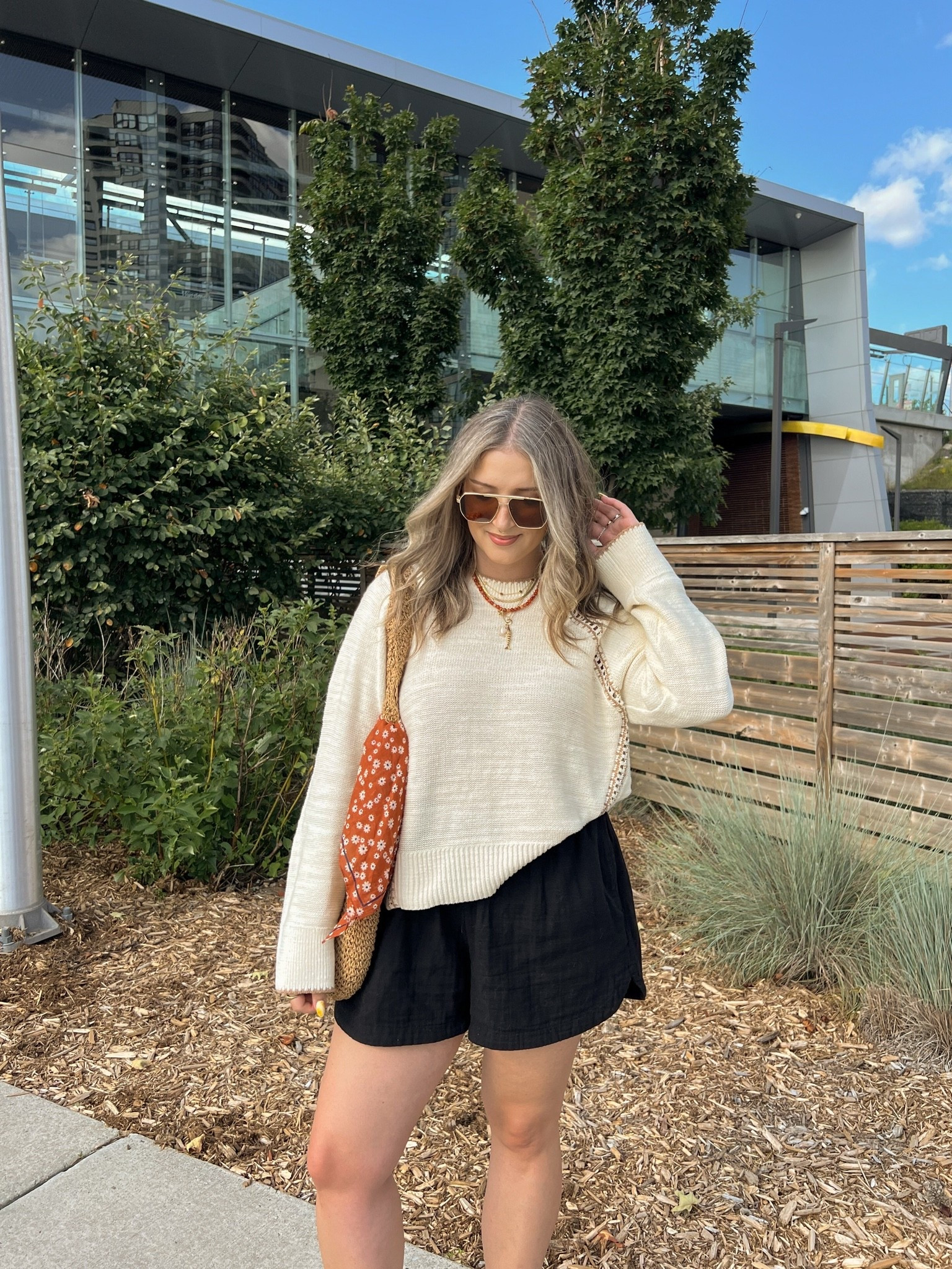 Easy summer to fall transitional outfit! Wearing L in the 100% cotton sweater, currently 53% off in bag! Shorts are old, linked similar. I’m a 9.5-10 shoe and wear a 40 in the Birkenstock clogs

#LTKfall #LTKsale #LTKsummer