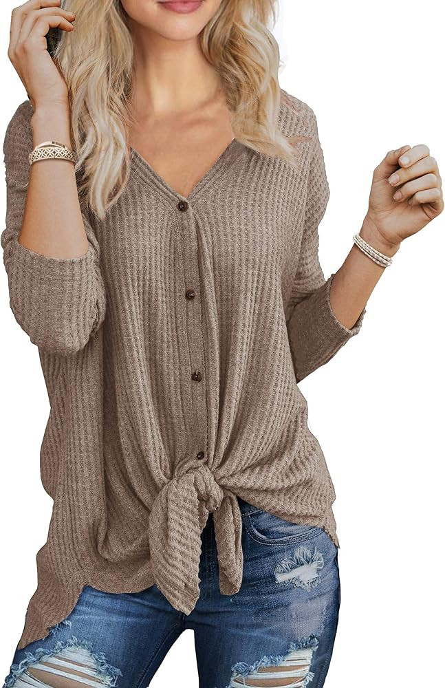 IWOLLENCE Womens Waffle Knit Tunic Blouse Tie Knot Henley Tops Loose Fitting Bat Wing Plain Shirt... | Amazon (US)