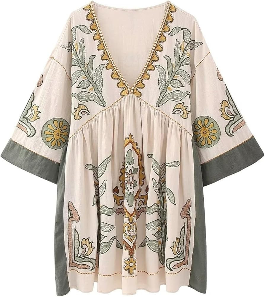 Women's Summer Casual V-Neck Embroidered Linen Embroidered Dress Loose Five-Quarter Sleeves Elega... | Amazon (US)