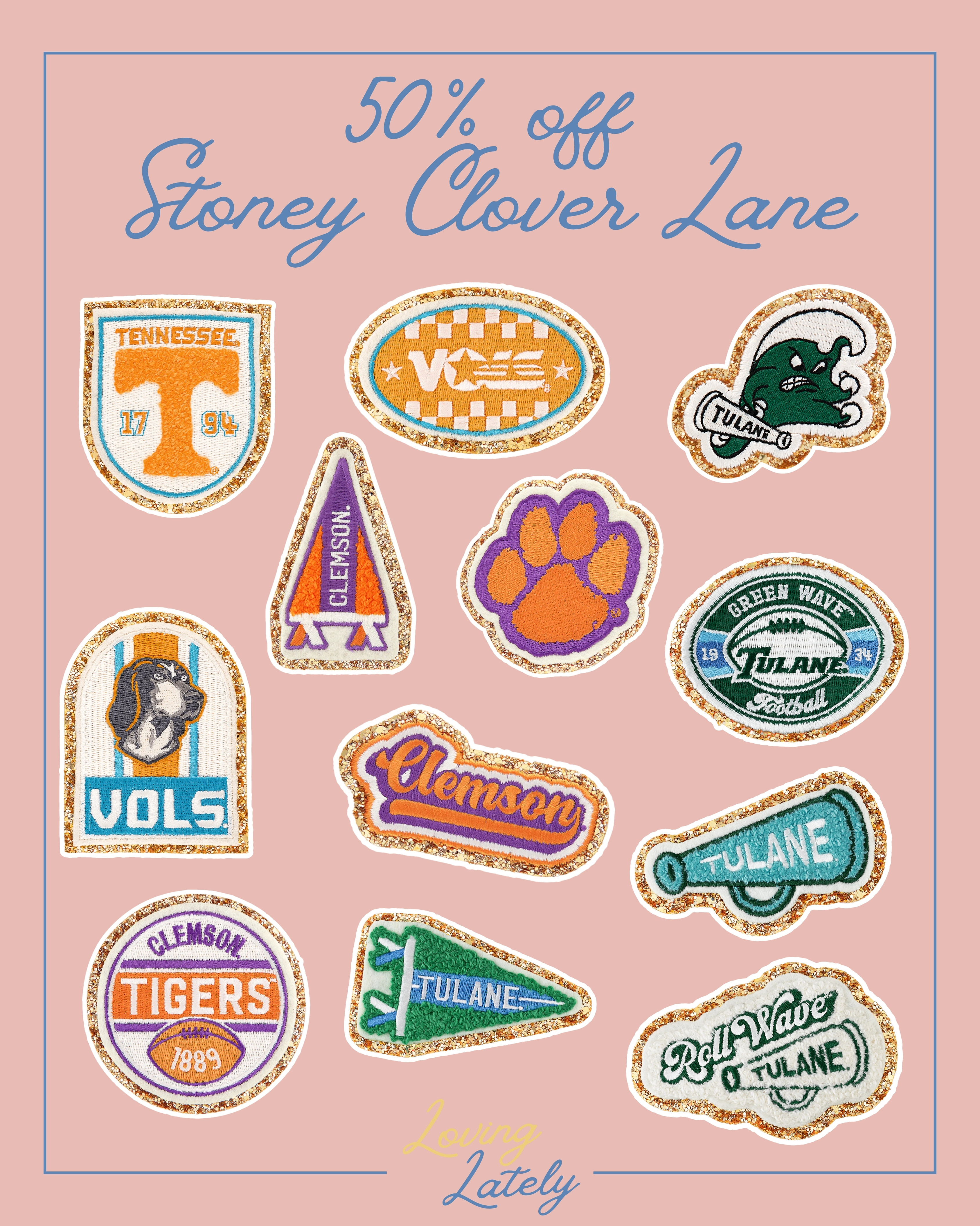 50% off Stoney Clover Lane collegiate patches! Perfect for game day looks and football season!

Tennessee | Go Vols | Tennessee Volunteers | Clemson | Clemson Tigers | Tulane | Angry Wave | NOLA | Green Wave | Roll Wave  

 #LTKSaleAlert #LTKFindsUnder50