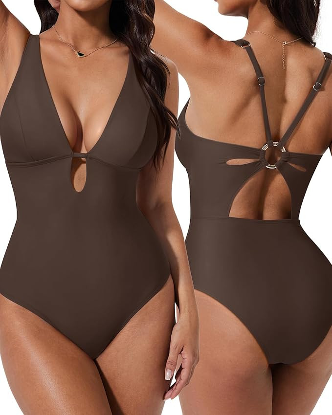 SUUKSESS Women One Piece Tummy Control Swimsuit Deep V Neck Cutout Bathing Suit | Amazon (US)