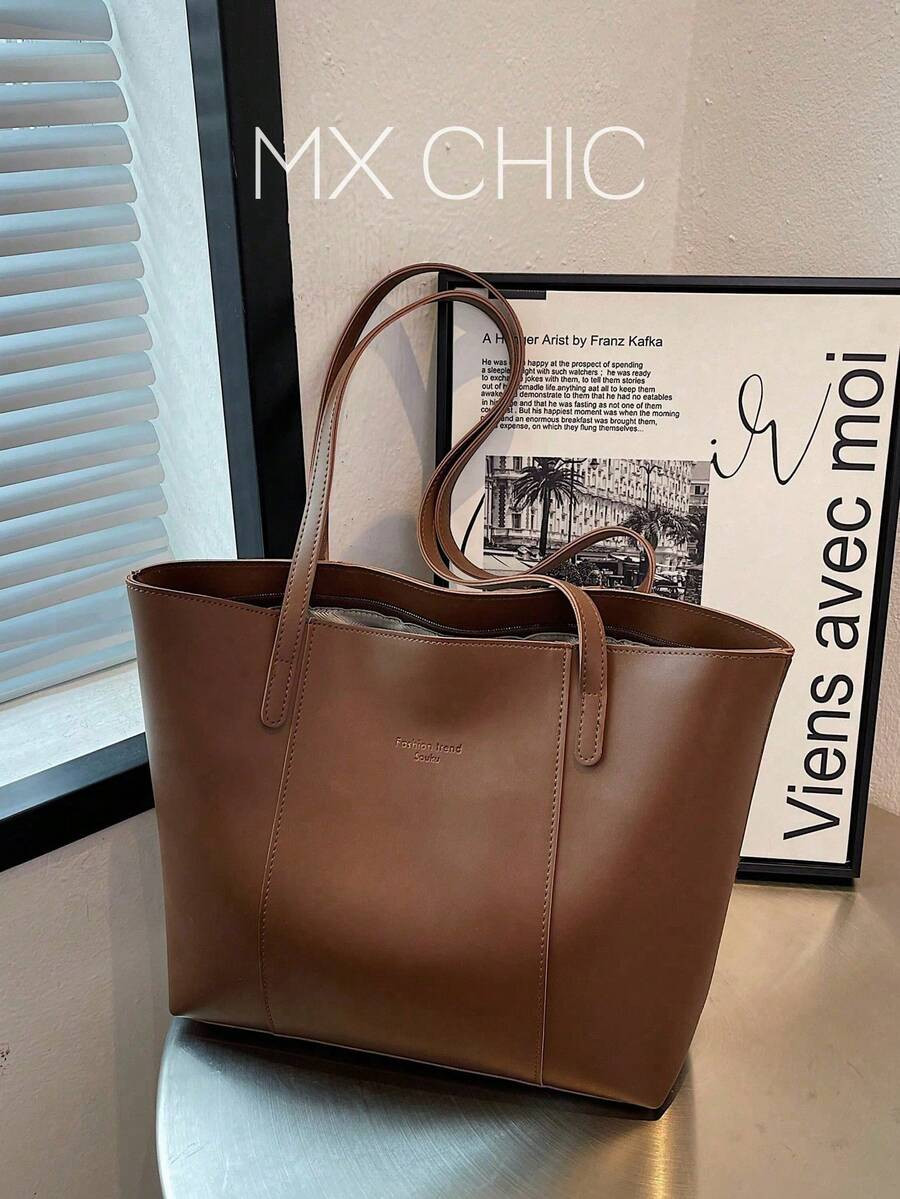 1pc Women's Solid Color PU Middle Layer One Shoulder Tote Bag, Large Capacity Suitable For Outing... | SHEIN