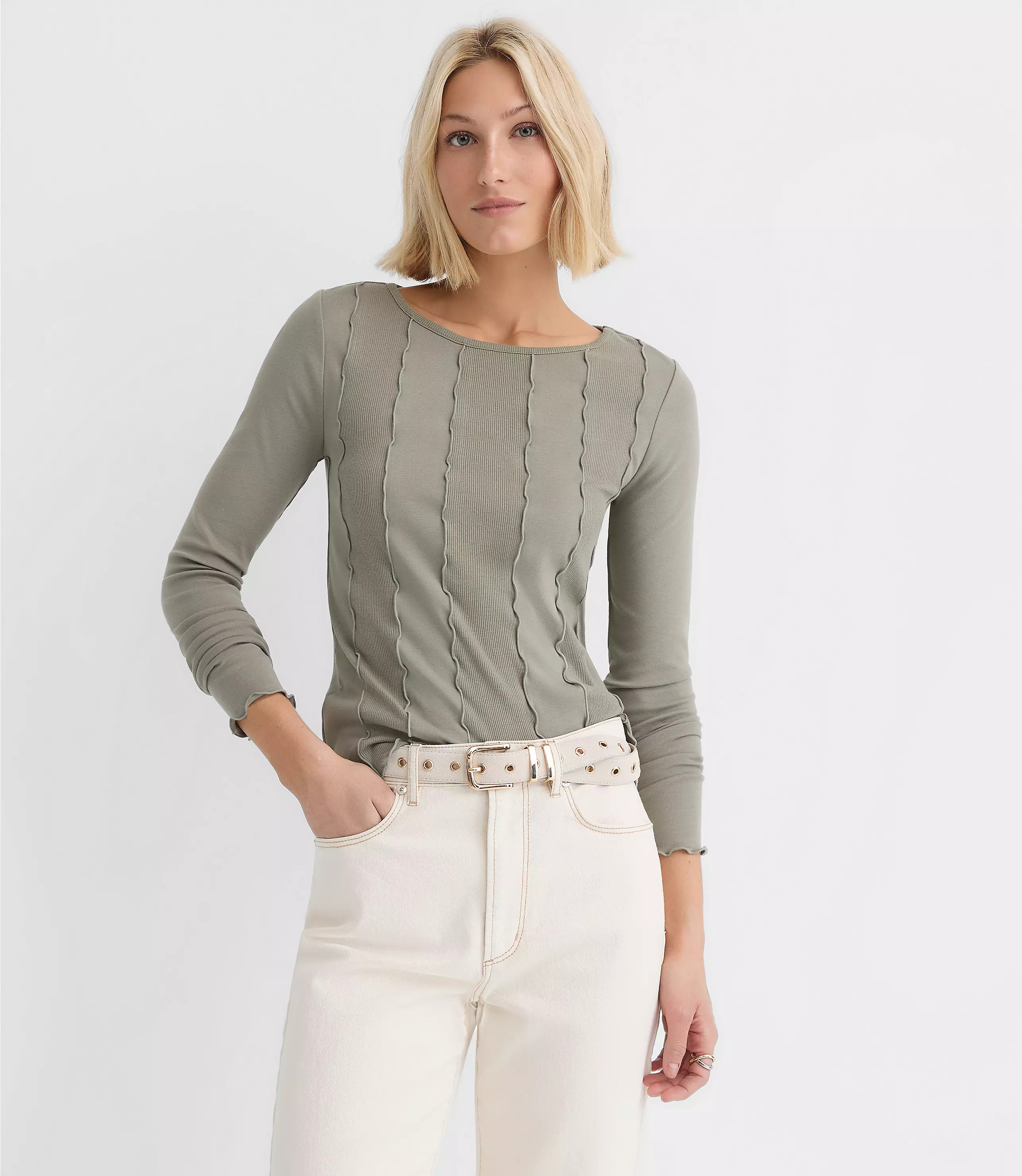 Ruffle Trimmed Ribbed Tee | LOFT