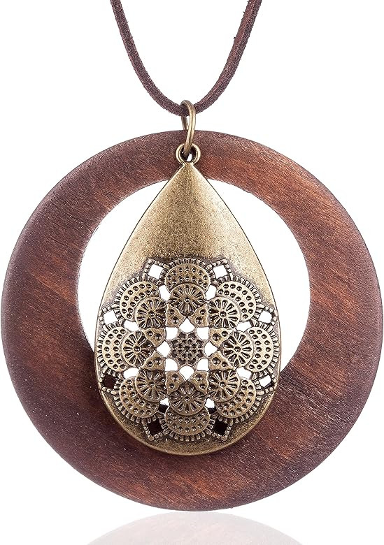 COOSTUFF ANNA Womens Pendant Necklace Wood Handmade Jewelry Long Rope Sweater Necklace for Woman | Amazon (US)