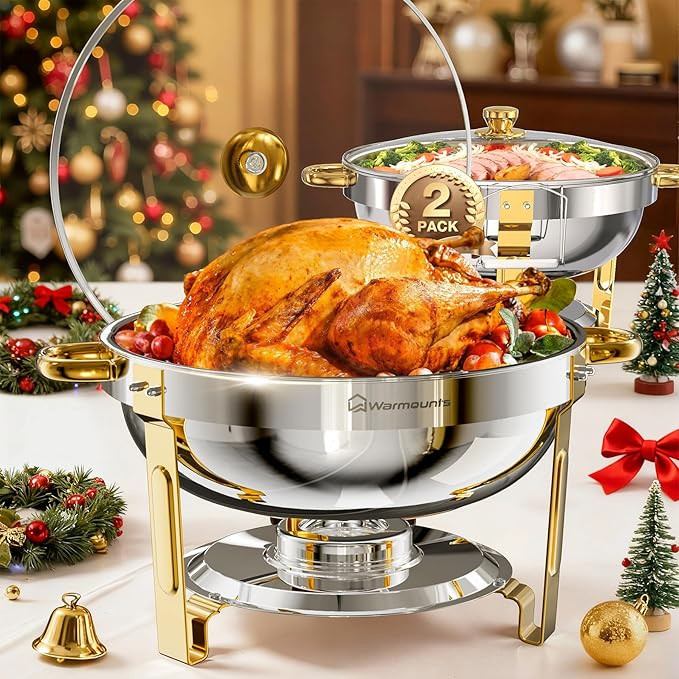 WARMOUNTS Gold Chafing Dishes for Buffet with Glass Lid (5QT, 2Pack), Round Chafers and Buffet Wa... | Amazon (US)
