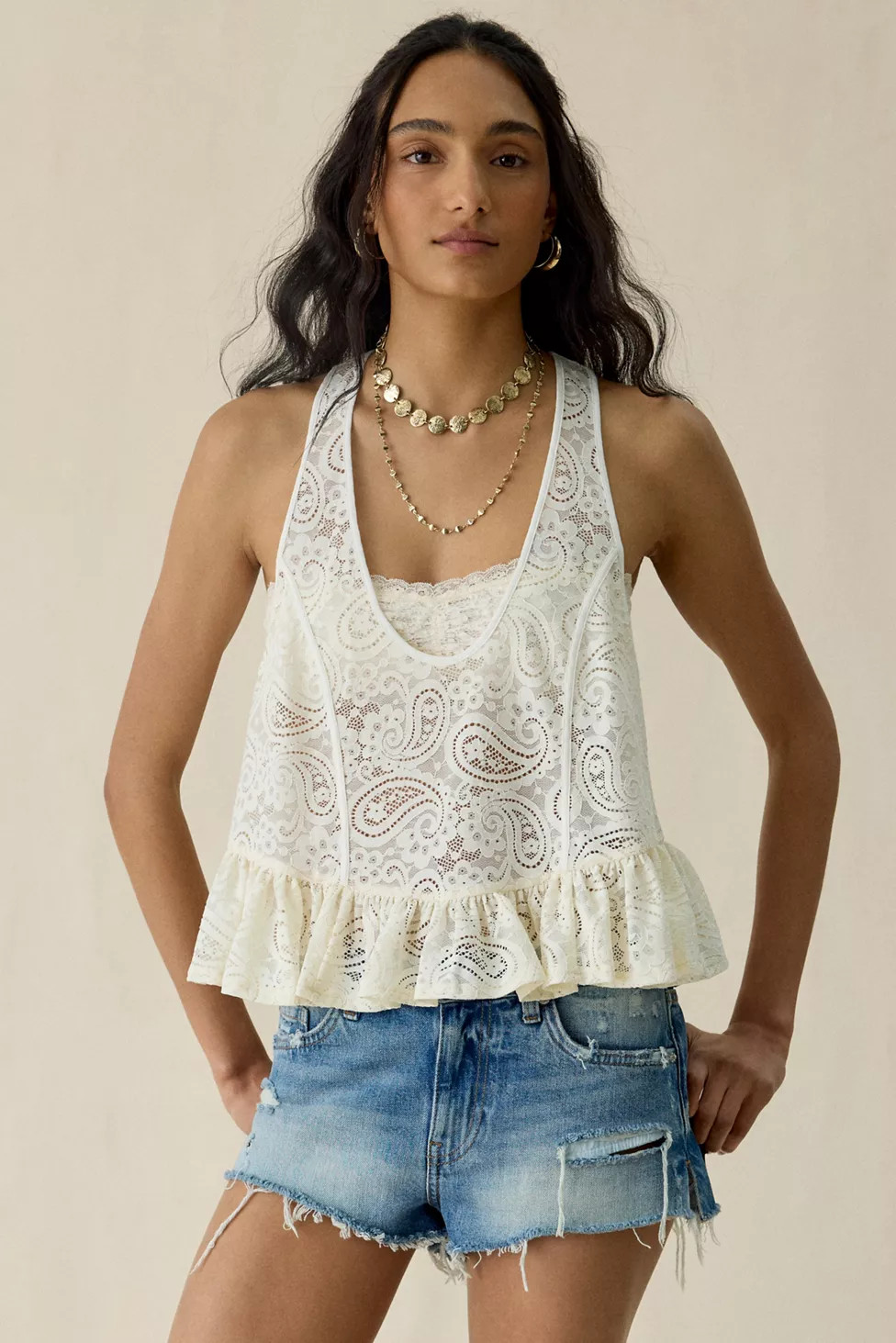 Kimchi Blue Lillie Sheer Lace Ruffle Tank Top | Urban Outfitters (US and RoW)