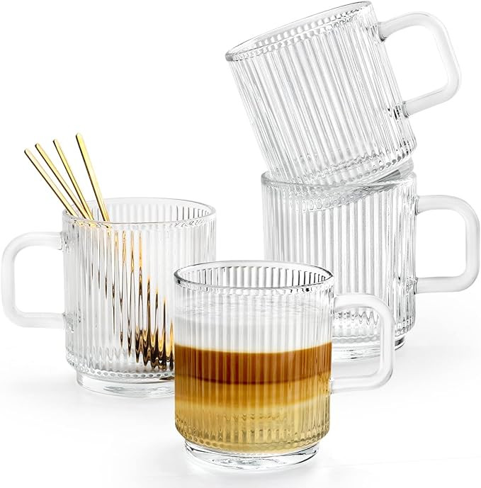 Clear Glass Coffee Mug Set of 4, 12 Ounces Ribbed Glassware with Spoon, Classic Vertical Stripes ... | Amazon (US)