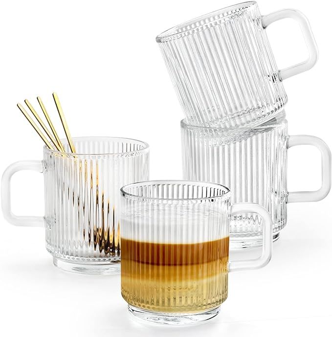 Ymyaye Clear Glass Coffee Mug Set of 4, 12 Ounces Ribbed Glassware with Spoon, Classic Vertical S... | Amazon (US)