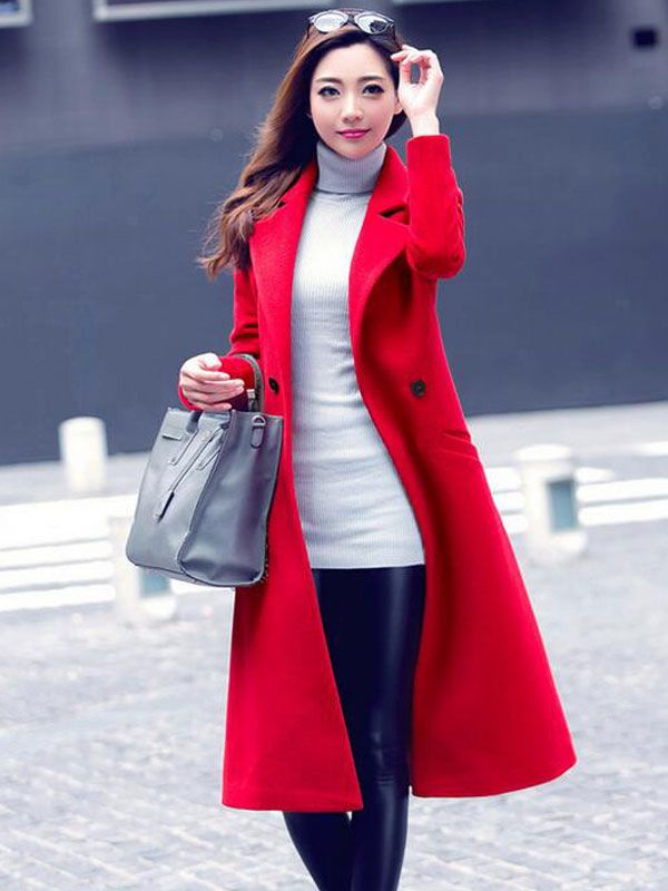 Red Women Coat Trench Overcoat Long Sleeve Winter Coat | Milanoo