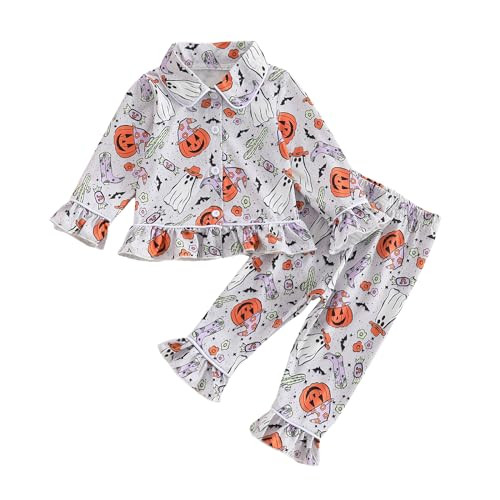 Kuriozud Toddler Baby Girl Halloween Pajamas Set Little Girl Pumpkin Long Sleeve Lapel Tops+Ruffled Pants Sleepwear Nightwear (Grey, 6-12 Months) | Amazon (US)