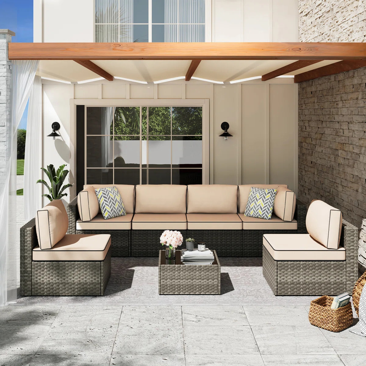 6 - Person Outdoor Patio Set Wicker Seating Group with Cushions | Wayfair North America