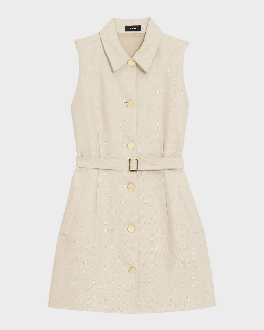 Theory Sleeveless Belted Linen Military Mini Dress | Neiman Marcus