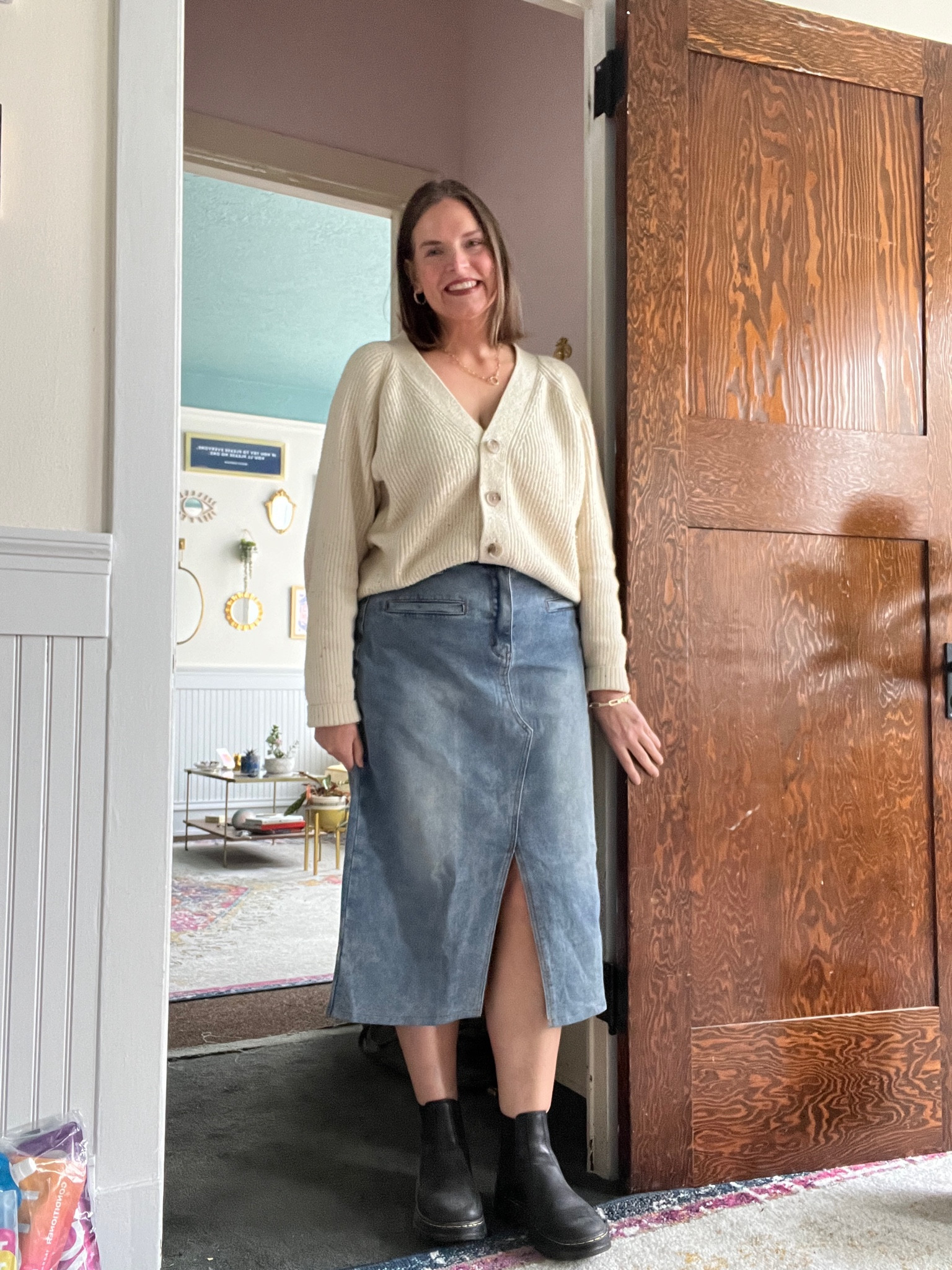 Denim skirt look with a cardigan

#LTKSeasonal #LTKMidsize #LTKOver40
