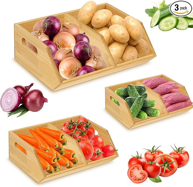3 Pcs Onion and Potato Storage, Bamboo Pantry Organizer, Ideal for Pantry, Stackable Pantry Organ... | Amazon (US)