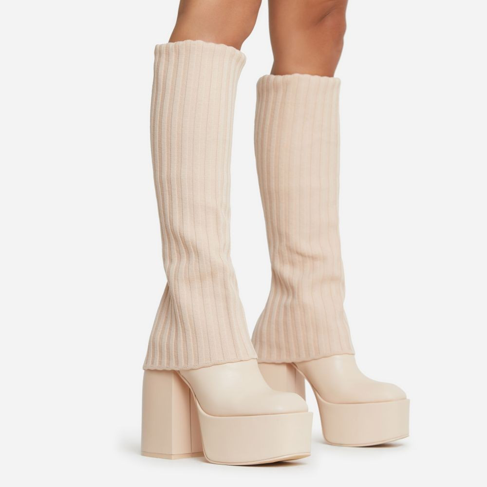 Leila Layered Knit Detail Square Toe Platform Block Heel Calf Boot In Nude Faux Leather | EGO Shoes (US & Canada)