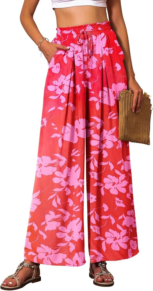 Womens Casual Wide Leg Palazzo Pants Ruffle Elastic Drawstring Loose Pants Floral Beach Trousers ... | Amazon (US)