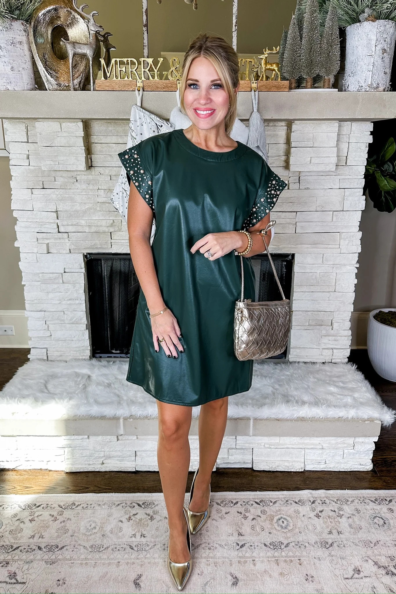 Pearl Studded Cap Sleeve Pleather Dress in Hunter Green | Jules & James Boutique