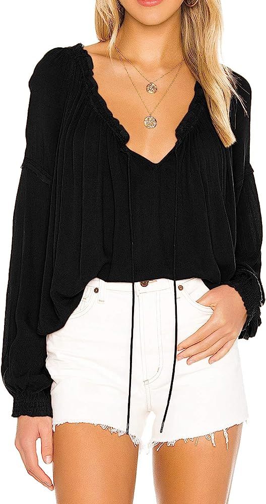 R.Vivimos Women's Fall Long Sleeves V Neck Front Tie Ruffle Collar Casual Cotton Blouse Tops | Amazon (US)