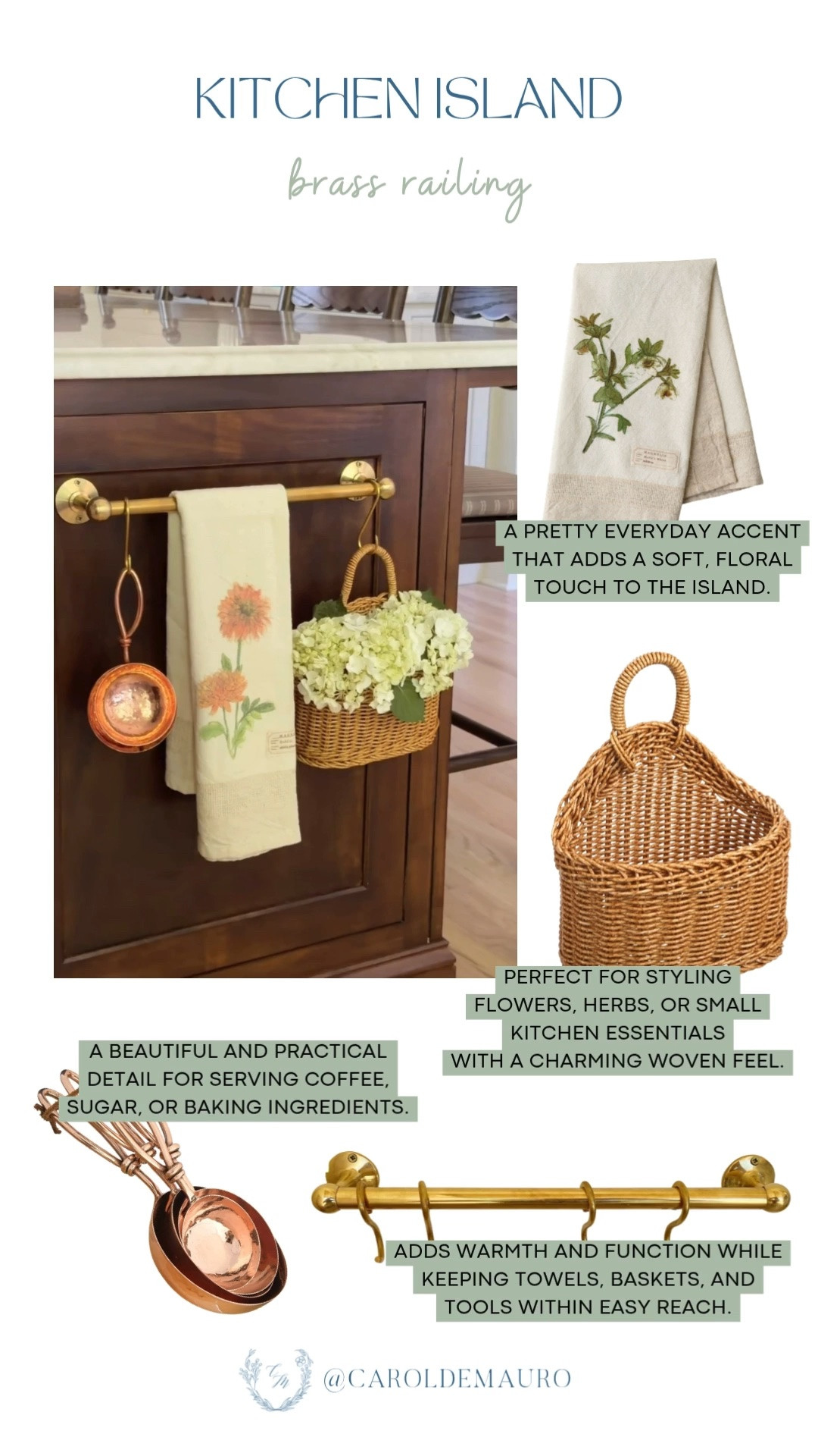 home inspo, kitchen decor, kitchen island, home styling, woven basket, measuring cups, floral hand towel, brass railing with hooks, home organization, home renovation

#LTKHome