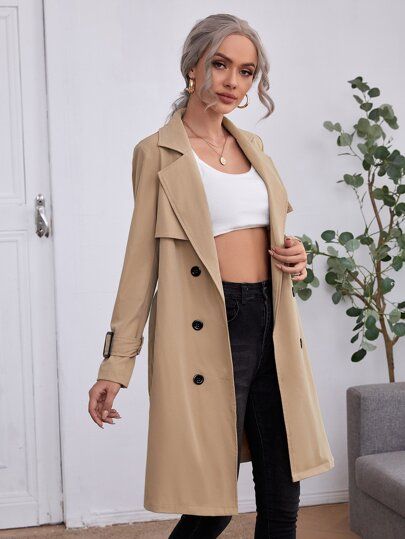 Double Breasted Buckle Belted Trench Coat | SHEIN