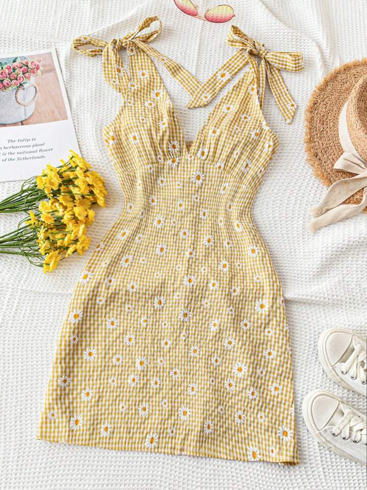SHEIN WYWH Summer Vacation V-Neck Daisy Checkered Shoulder Tie A-Line Dress | SHEIN