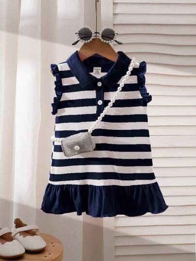 SHEIN Playful Pals Baby Girls' Casual Cute Ruffle Sleeve Striped Knit Dress, Summer Korean Style | SHEIN