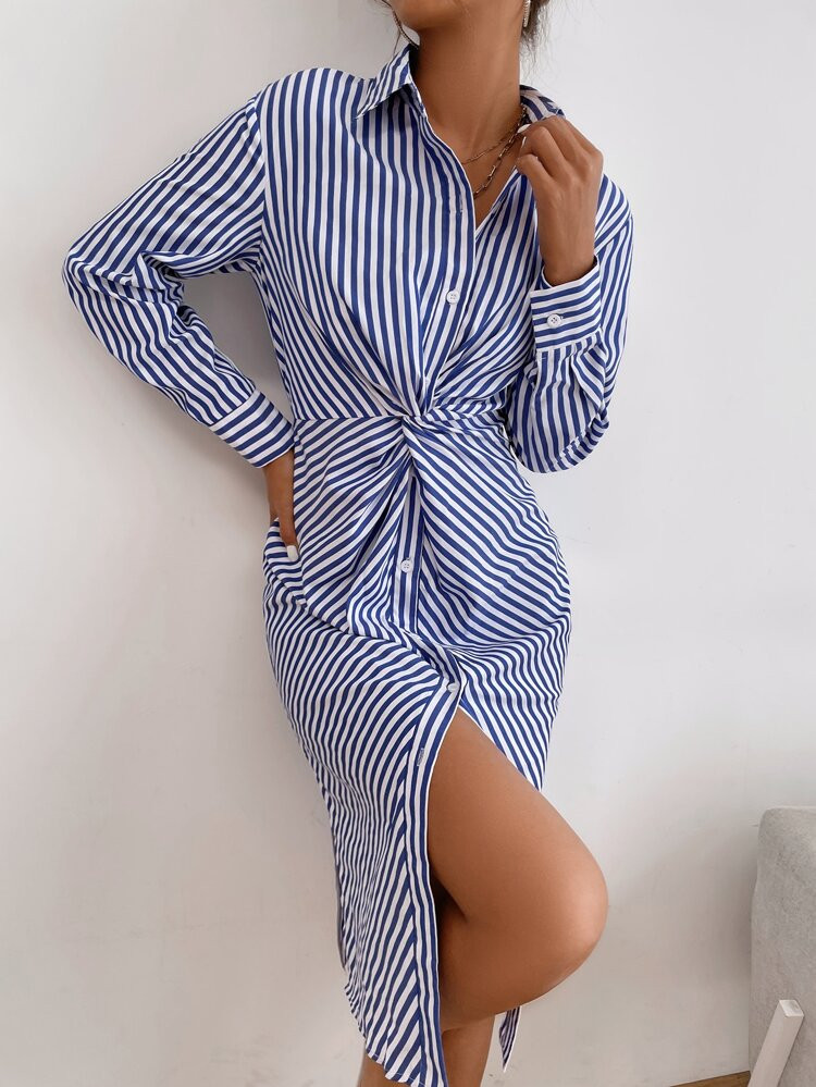 Vertical Striped Twist Front Shirt Dress | SHEIN