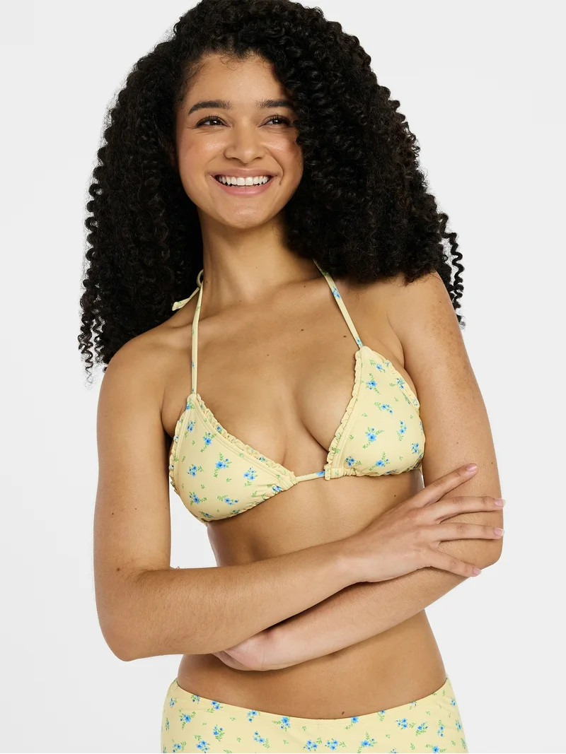 No Boundaries Femme Floral Print Triangle Bikini Top with Lettuce Edge, Women’s XXS-XXL | Walmart (US)