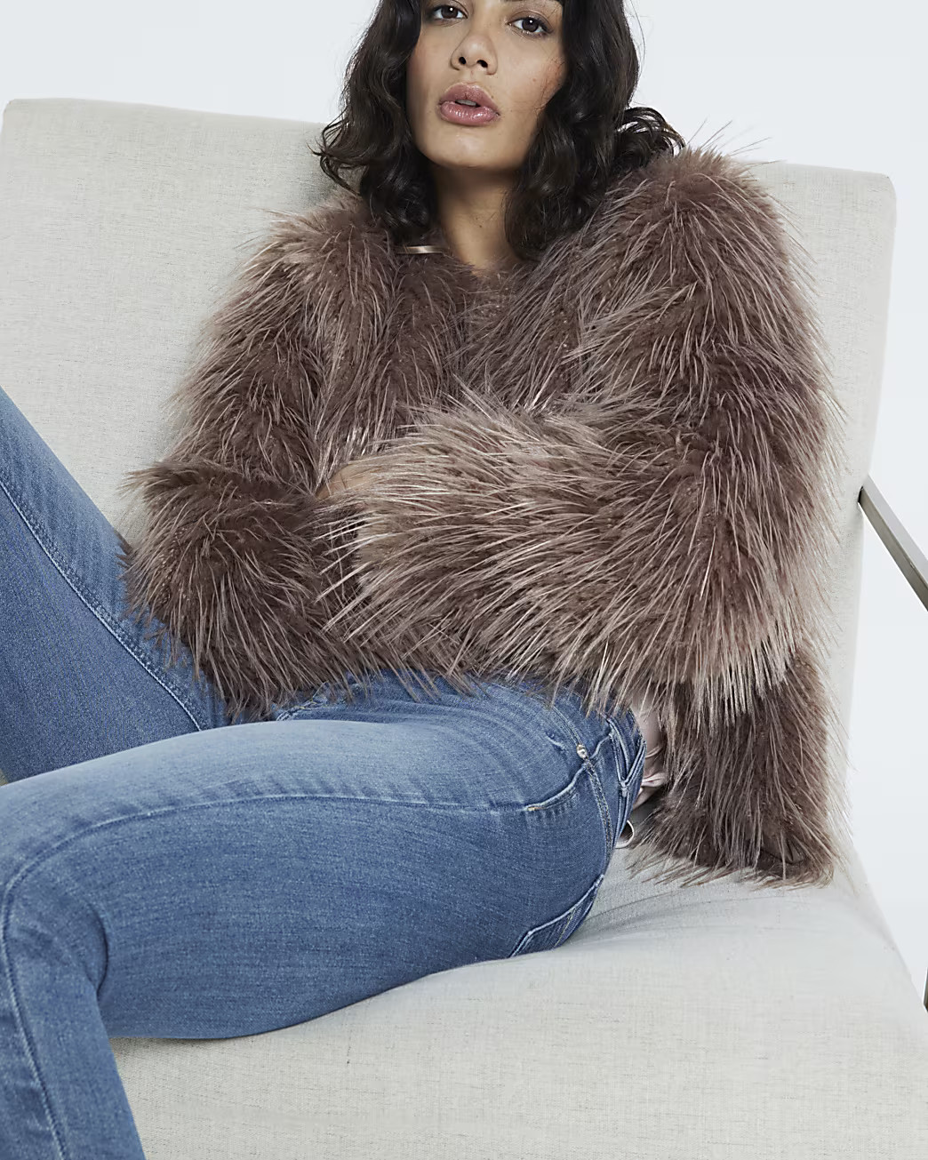Brown Collarless Fluffy Faux Fur Jacket | River Island (UK & IE)