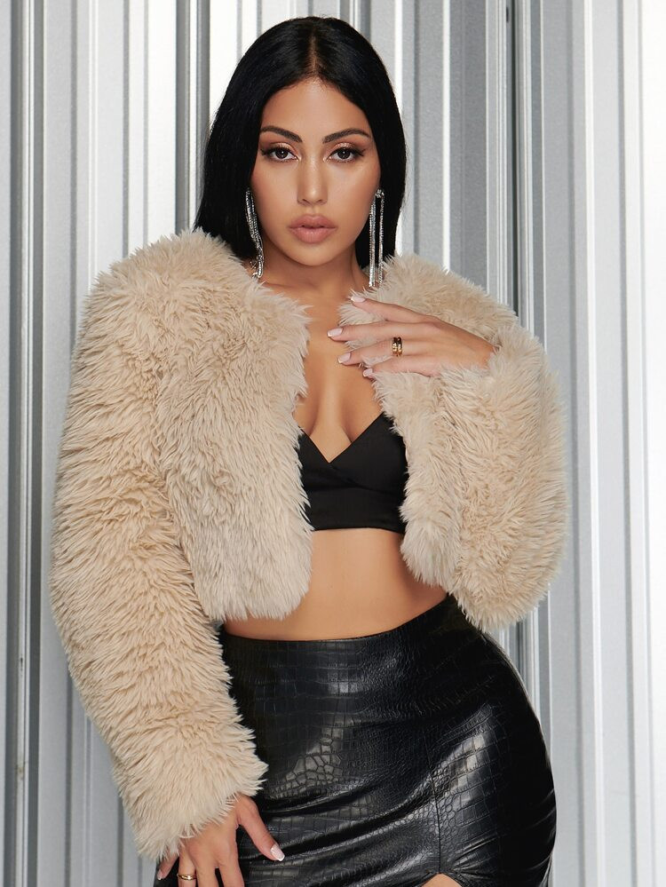 SHEIN SXY Open Front Crop Fuzzy Coat | SHEIN