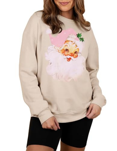 MODNTOGA Women Christmas Crewneck Sweatshirt Retro Santa Claus Graphic Xmas Shirt Long Sleeve Merry Christmas Pullover Tops (Beige, 2XL) | Amazon (US)