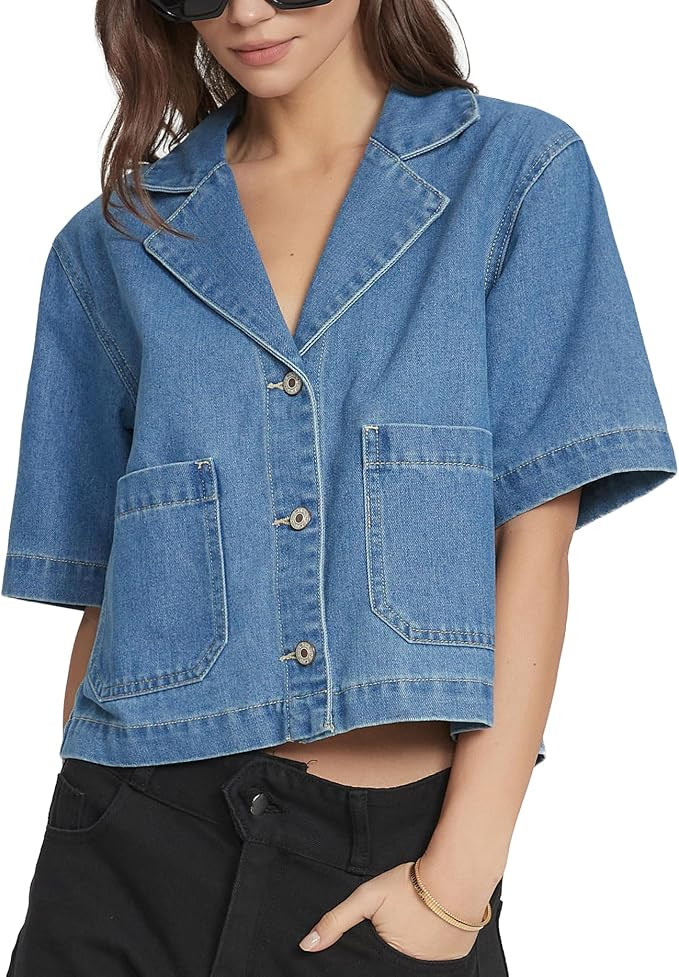 Women's Short Sleeve Denim Jacket Cropped Boxy Button Front Jean Shirt Jacket Lightweight Jean To... | Amazon (US)