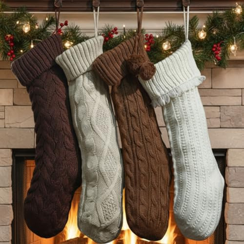 Shyyween 4 Pack Cable Knit Christmas Stockings 18 Inch Farmhouse Large Rustic Neutral Knitted Stockings Ornaments Hanging Xmas Decorations for Family Holiday Party Decor (Classic Style) | Amazon (US)