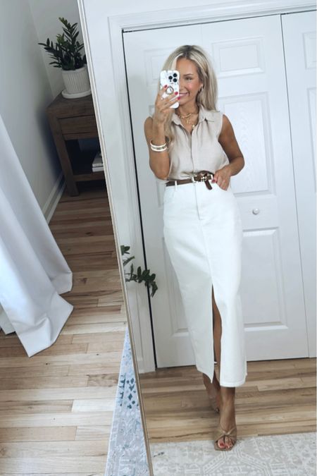 White denim skirt outfit, use code “Nikki20” for an additional 20% off the skirt!